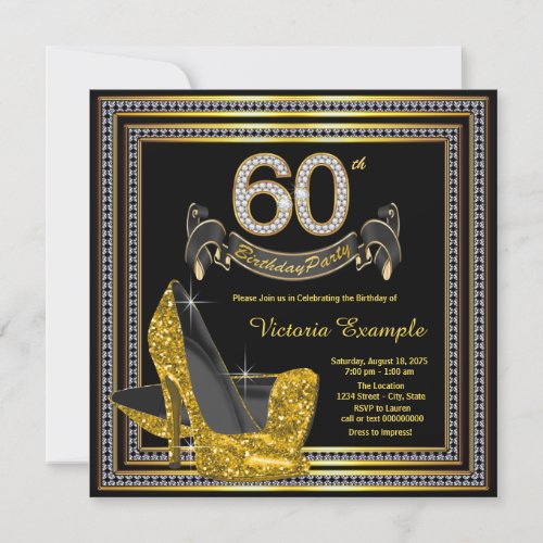 Black Gold High Heel Womans 60th Birthday Party Invitation