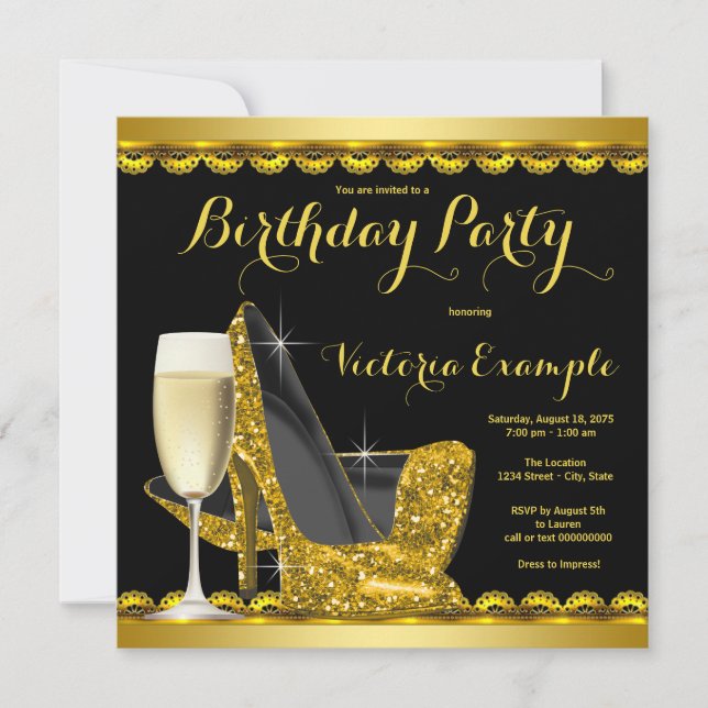 Black Gold High Heels Birthday Party Invitation (Front)