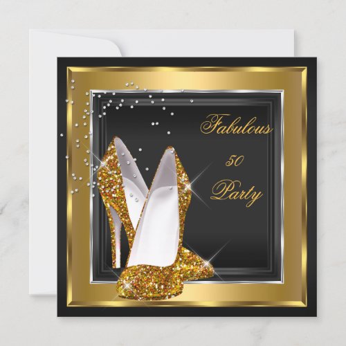Black Gold High Heels Womans Birthday Party 2 Invitation