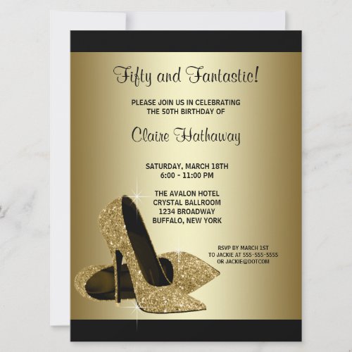 Black Gold High Heels Womans Birthday Party Custom Invites