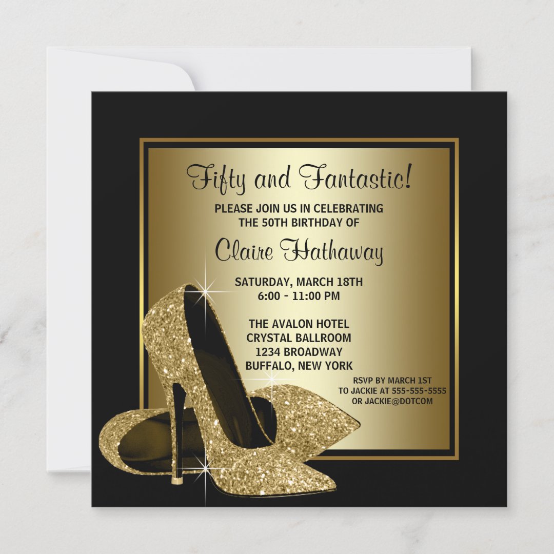 Black Gold High Heels Womans Birthday Party Invitation | Zazzle