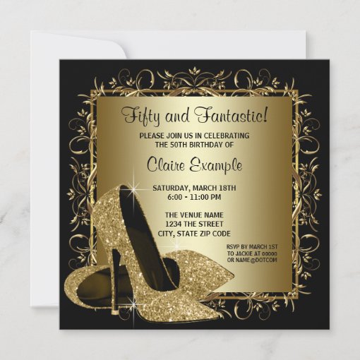 Black Gold High Heels Womans Birthday Party Invitation | Zazzle