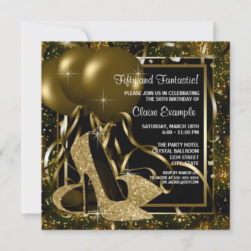 Black Gold High Heels Womans Birthday Party Invitation | Zazzle