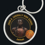 Black Gold High School Basketball Player Photo Keychain<br><div class="desc">This cool customized high school basketball player photo gift features gold typography of your team and player name on a black keychain with a ball. Personalize with your student's photograph and class year as a proud sports parent. A great present for mom and dad.</div>