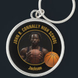 Black Gold High School Basketball Player Photo Keychain<br><div class="desc">This cool customized high school basketball player photo gift features gold typography of your team and player name on a black keychain with a ball. Personalize with your student's photograph and class year as a proud sports parent. A great present for mom and dad.</div>