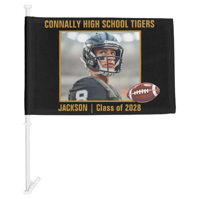 Black Gold High School Football Player Photo Car Flag (Front)