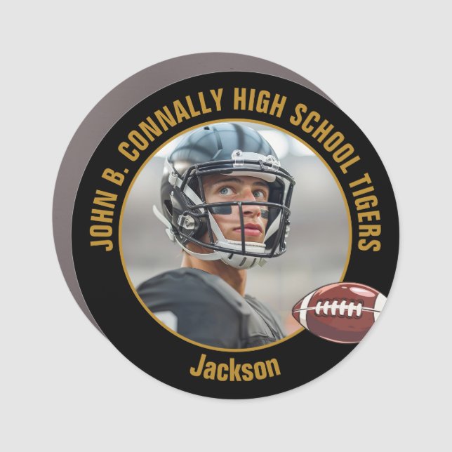 Black Gold High School Football Player Photo Car Magnet (Front)