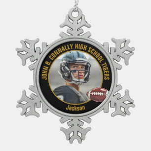 Black Gold High School Football Player Photo Snowflake Pewter Christmas Ornament