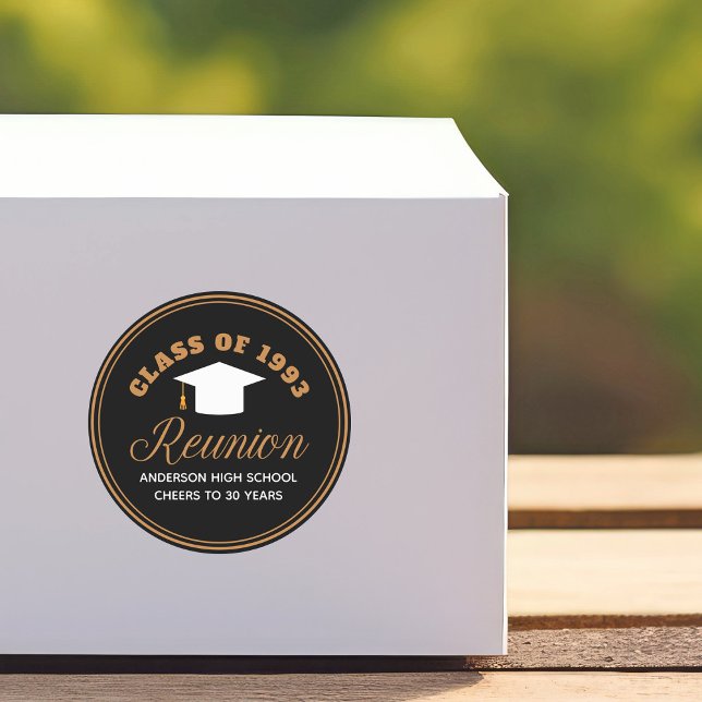 Black Gold High School Reunion Personalized Party Classic Round Sticker (Creator Uploaded)
