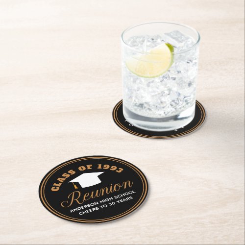Black Gold High School Reunion Personalized Party Round Paper Coaster