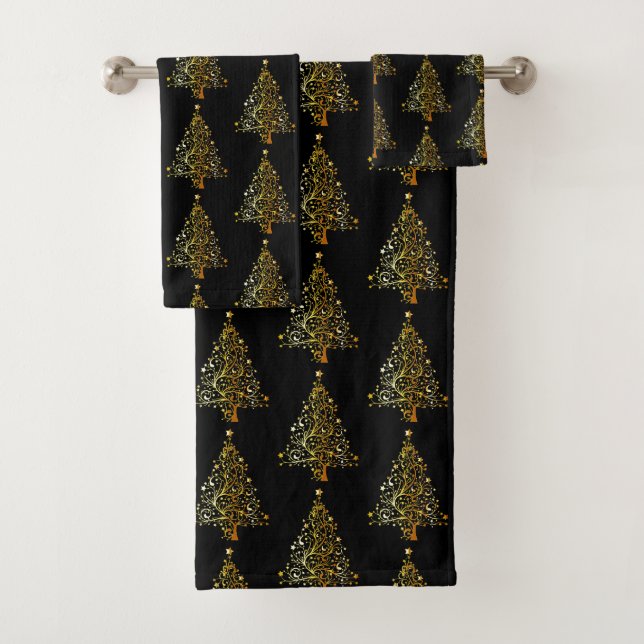 Black & Gold Holiday Trees Bath Towel Set (Insitu)