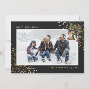 Black Gold Holly Berries Christmas Bell Photo Holiday Card