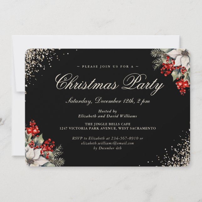 Black Gold Holly Berries Christmas Holiday Party Invitation (Front)