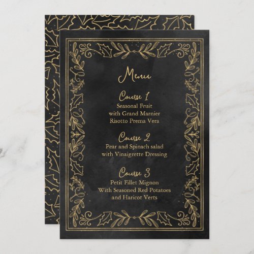 Black Gold Holly Berry Christmas Wedding Menu