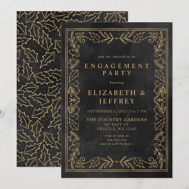 Black Gold Holly Christmas Engagement Party Invitation (Front/Back)