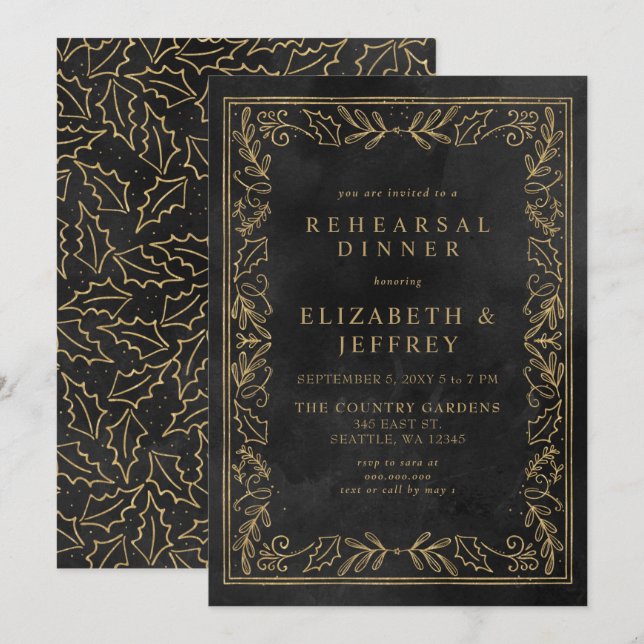 Black Gold Holly Christmas Rehearsal Dinner Invitation (Front/Back)