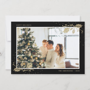 Black Gold Holly Snowflakes Photo Christmas Holiday Card