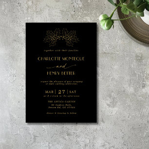 Black & Gold Holly Tree Leaves Minimalist Wedding Invitation