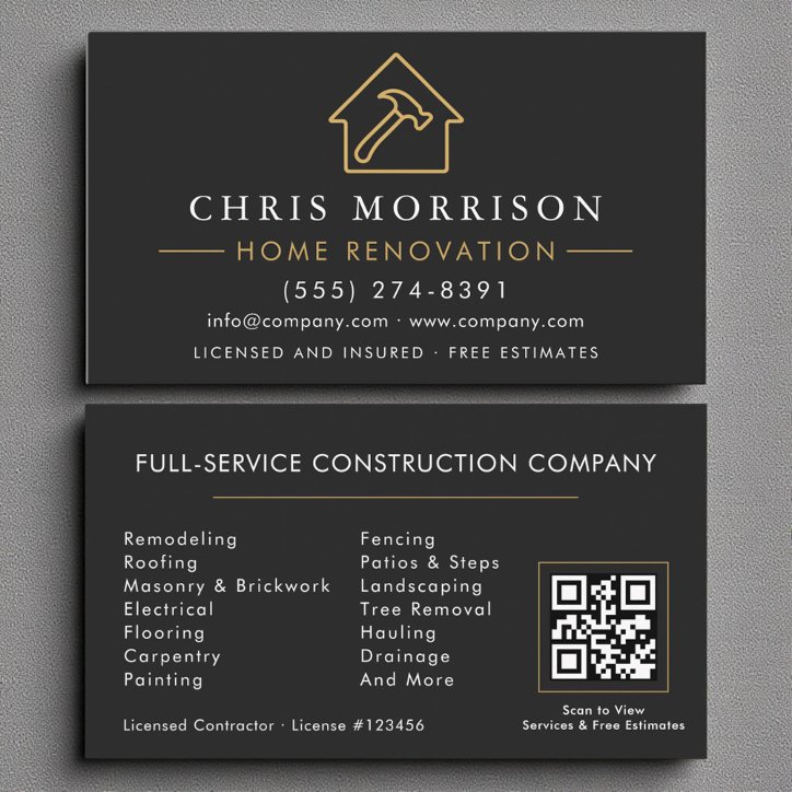 Black Gold Home Renovation Repair QR Code Business Card