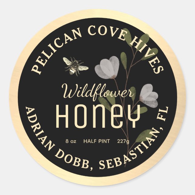 Black Gold Honey Label Watercolor Flower Bee (Front)