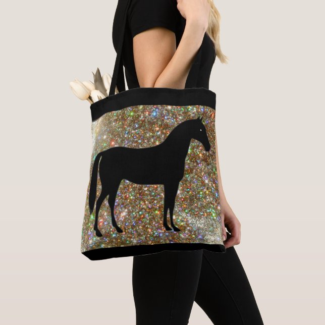 Black & Gold Horse Sparkle Tote Bag (Close Up)