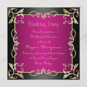 Black/Gold & Hot Pink Swirl Birthday Invitation