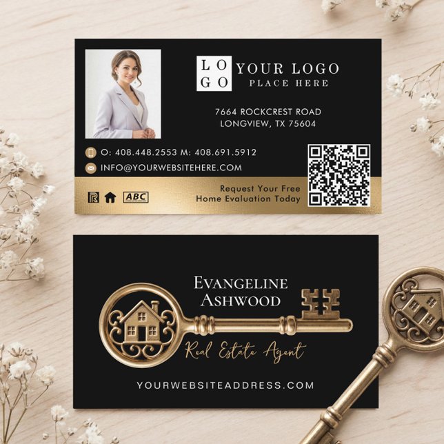 Black Gold House Key Real Estate Agent Realtor Business Card (Black Gold House Key Real Estate Agent Realtor Business Card)