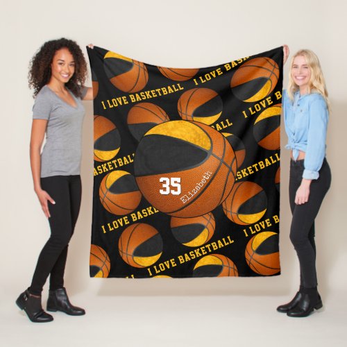 black gold I love basketball girls team colors Fleece Blanket