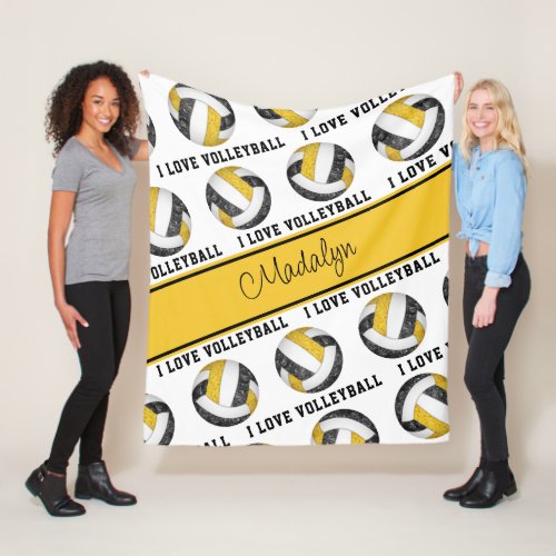 black gold I love volleyball text pattern Fleece Blanket