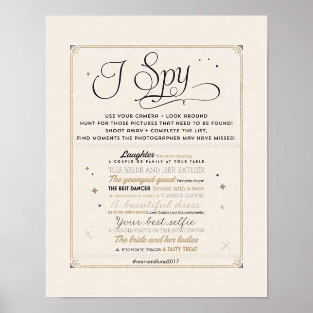 Black & Gold I Spy Wedding Hashtag Sign (Front)