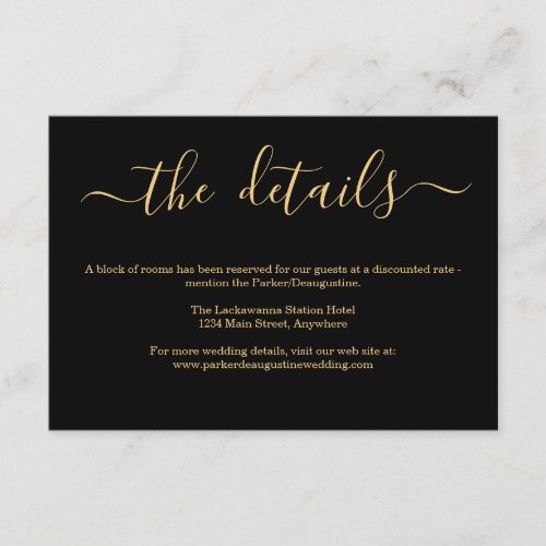 Black & Gold Information / Details Enclosure Card - Use a wonderfully simple black and gold backdrop to communicate all your event details.