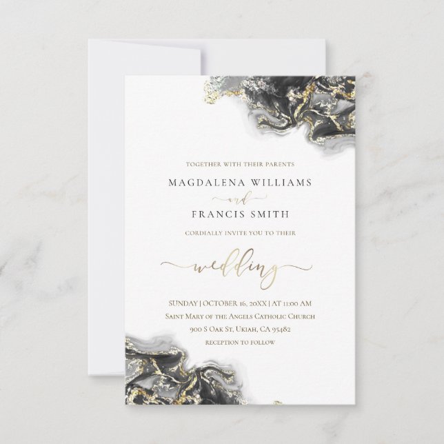 black gold ink fluid marble wedding invitation (Front)