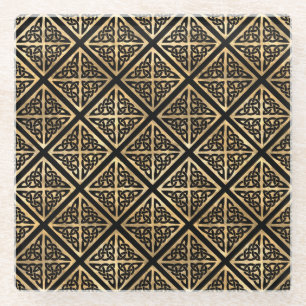 BLACK & GOLD IRISH CELTIC KNOTS & CROSSES GLASS COASTER
