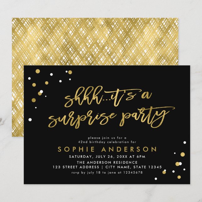 Black Gold It's a Surprise Party Birthday Invitation (Front/Back)