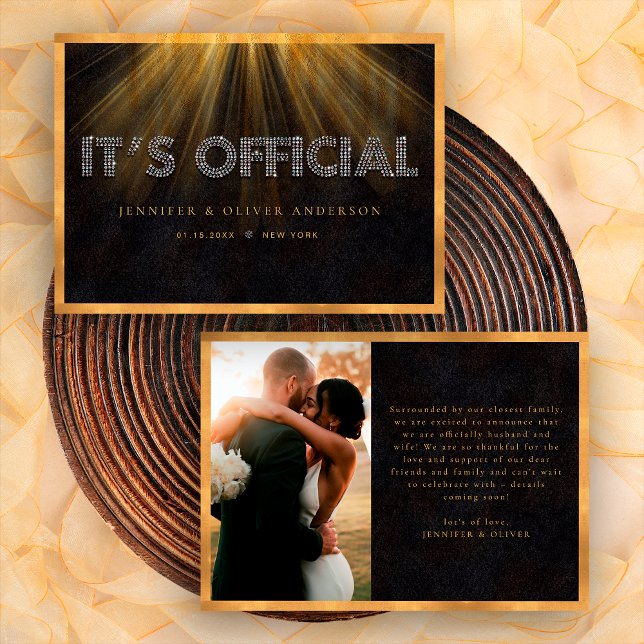 Black Gold It's Official Wedding Photo Elopement Announcement (Front / Back)