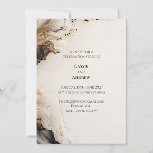 Black Gold Ivory Abstract Ink Wedding Invitation