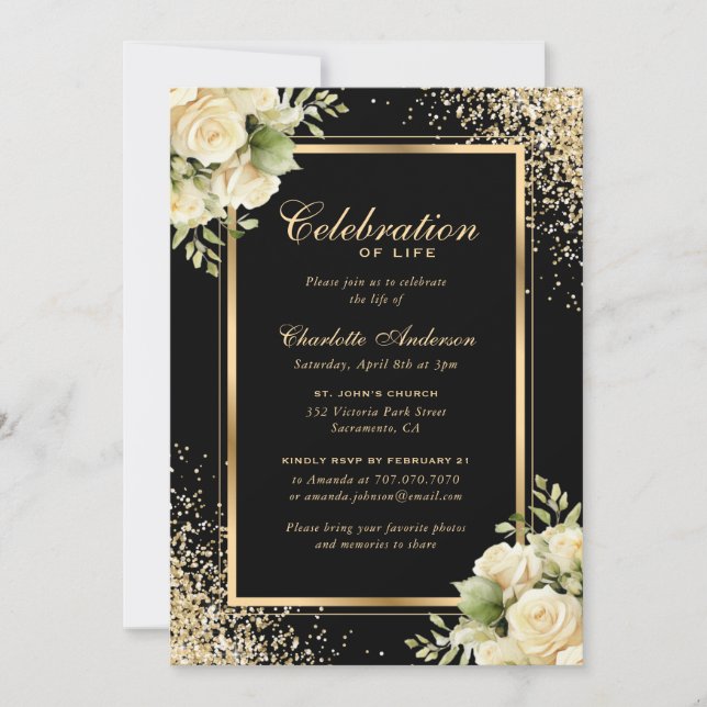 Black Gold Ivory Floral Photo Celebration of Life Invitation (Front)
