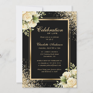 Black Gold Ivory Floral Photo Celebration of Life Invitation