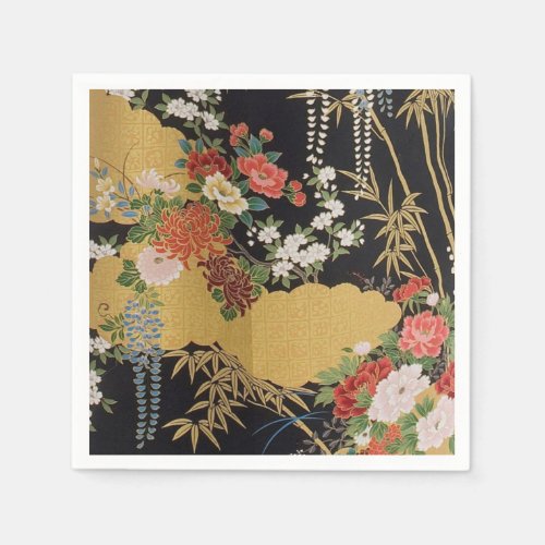 Black Gold Japanese Kimono Floral Decoupage Paper Napkins