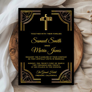 Black Gold Jesus Christ Cross Wedding Invitation