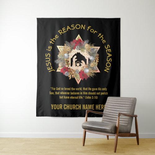 Black Gold JESUS IS THE REASON Christmas Tapestry