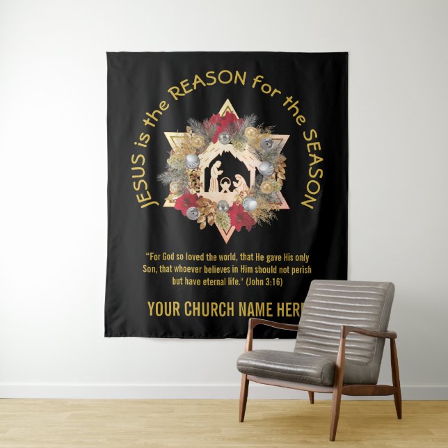 Black Gold JESUS IS THE REASON Christmas Tapestry (In Situ)