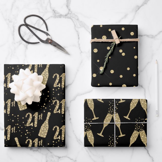 Black Gold Jeweled Champagne 21st Celebration Wrapping Paper Sheets (Front)