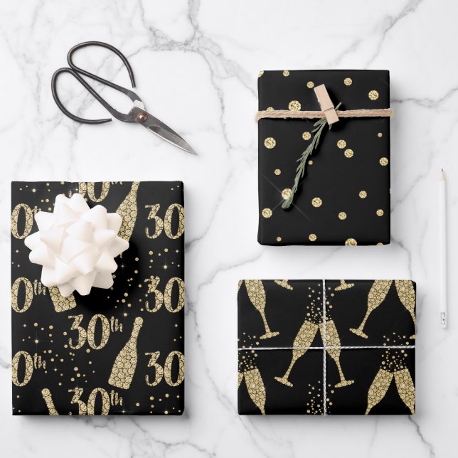 Black Gold Jeweled Champagne 30th Celebration Wrapping Paper Sheets (Front)