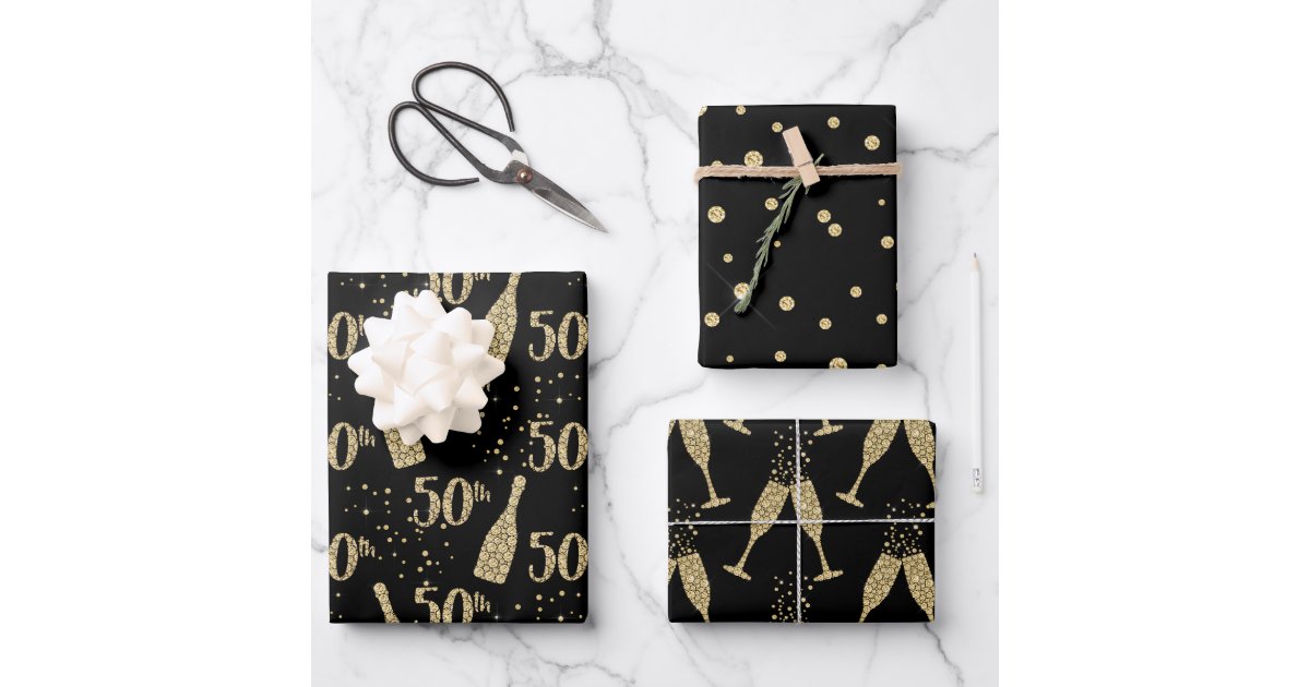 Black Gold Jeweled Champagne 50th Celebration Wrapping Paper Sheets