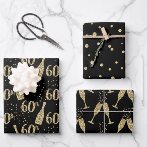 Black Gold Jeweled Champagne 60th Celebration Wrapping Paper Sheets