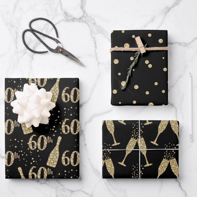 Black Gold Jeweled Champagne 60th Celebration Wrapping Paper Sheets (Front)