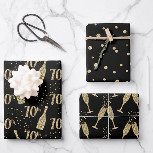 Black Gold Jeweled Champagne 70th Celebration Wrapping Paper Sheets