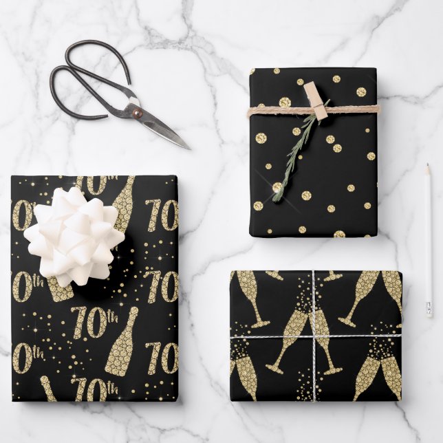 Black Gold Jeweled Champagne 70th Celebration Wrapping Paper Sheets (Front)