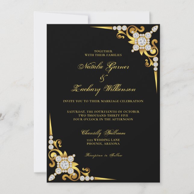 Black Gold Jeweled Luxury Wedding Invitation (Front)